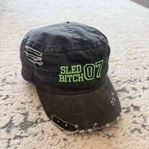 Woman’s Distressed Military Style Black Hat with Green Embroidery